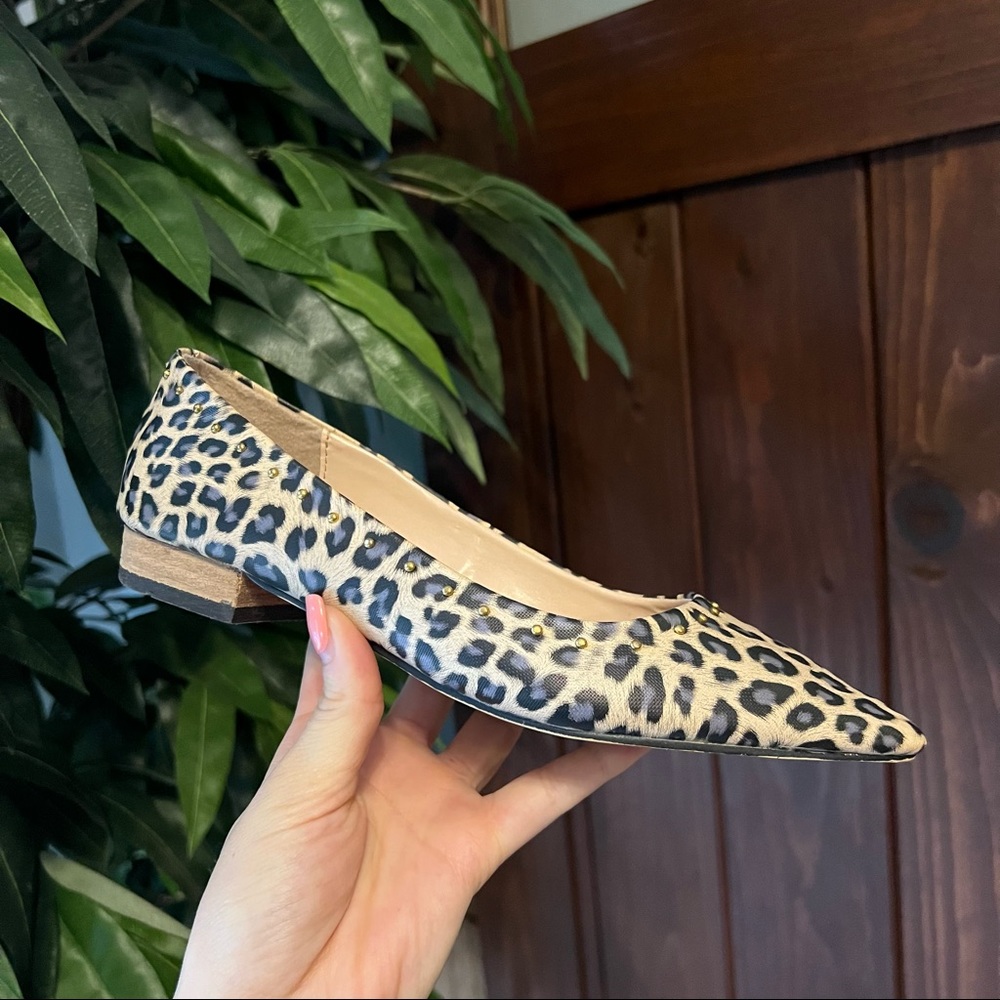 Genuine Leather Upper Leopard Print Studded Pointed Toe Flats